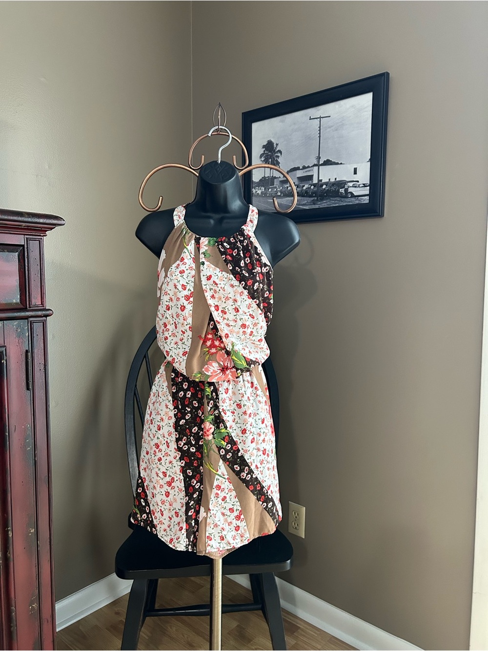 New York & Company Mixed Floral Halter Romper - Pink & Brown